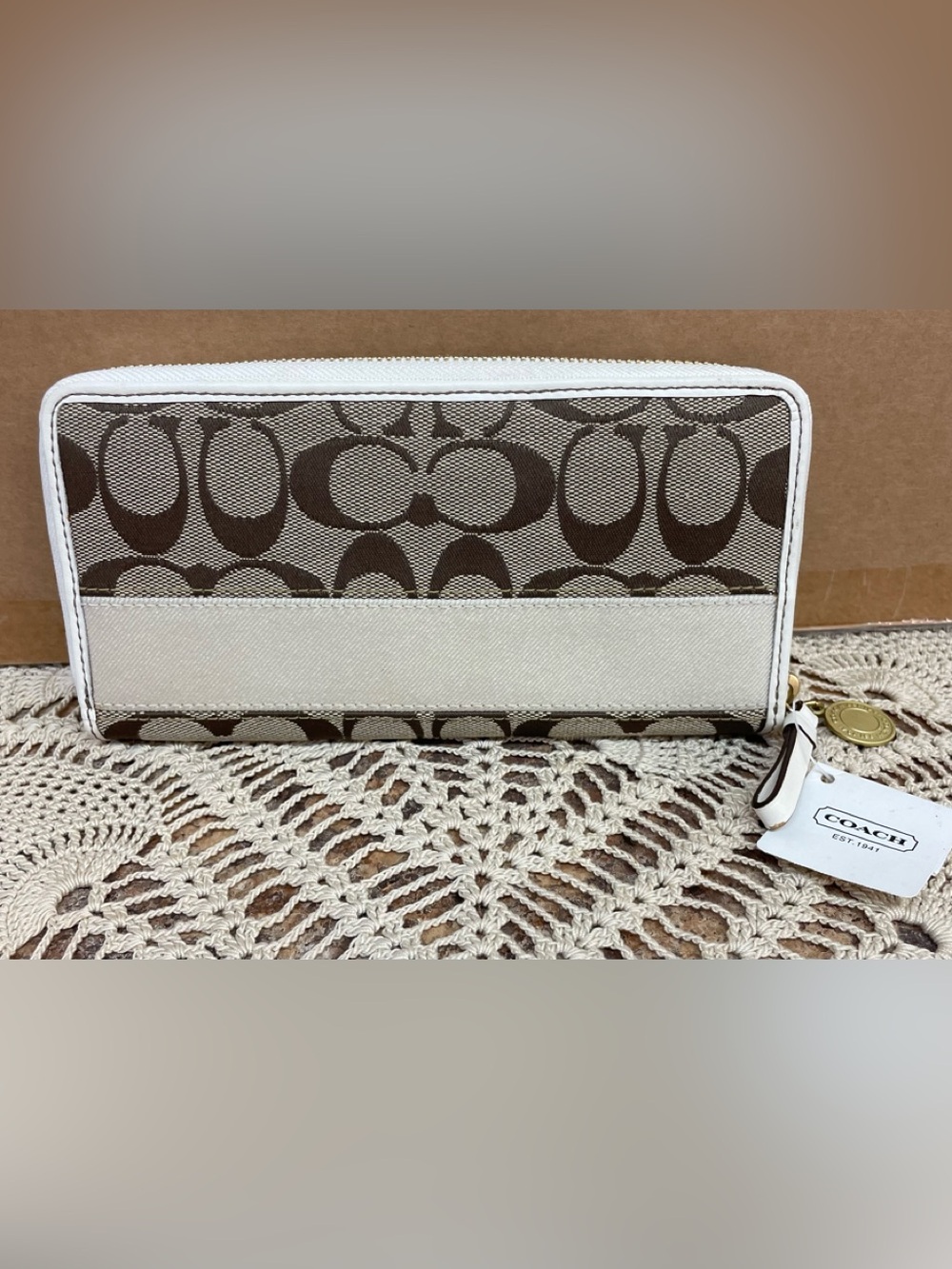 Coach Brown Signature Lurex Stripe Legacy Accordion Zipper Wallet